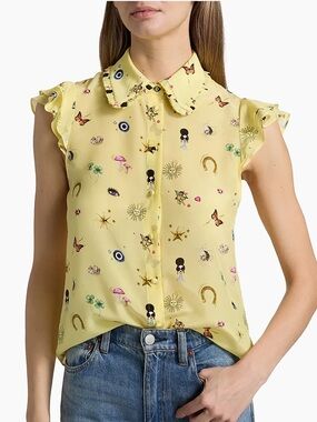 Alice + Olivia Yellow Printed Ruffle-Collar Sleeveless Blouse